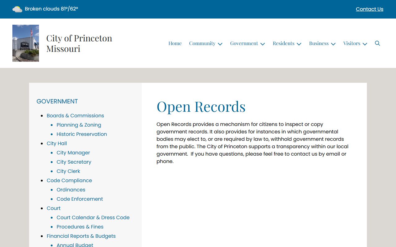 City of Princeton open records page for local government record requests