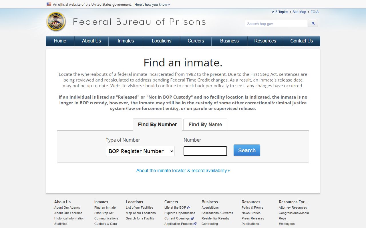 BOP inmate locator landing page for federal custody searches