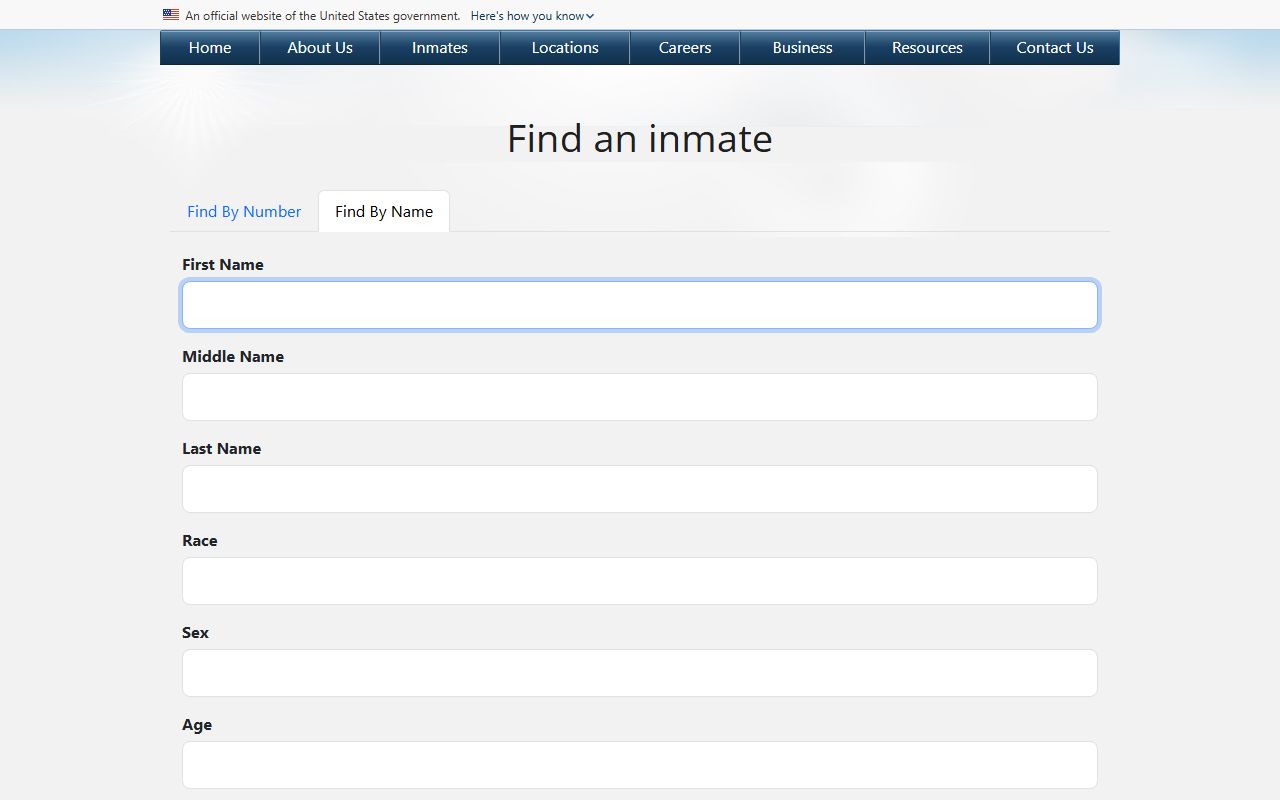 BOP name search form fields for federal inmate lookup