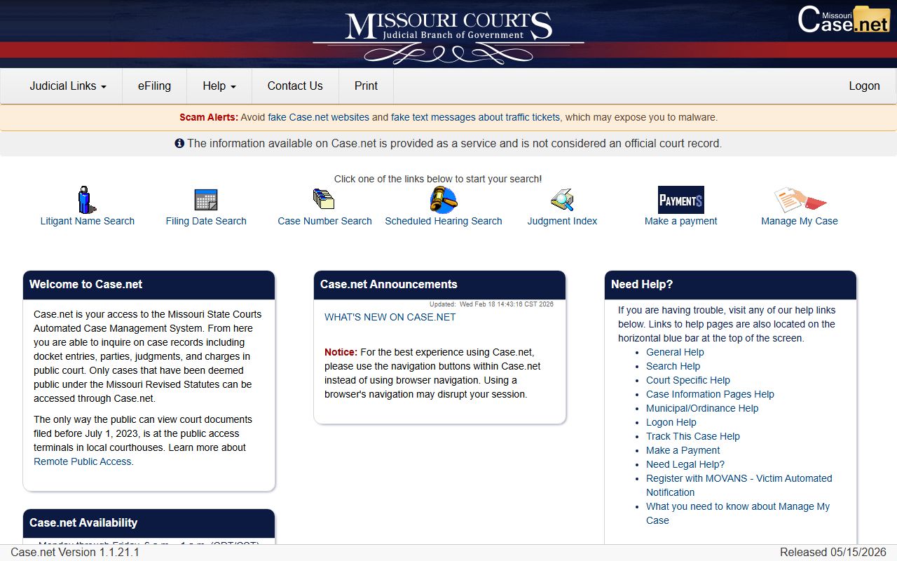 Missouri Case.net court search entry point for Mercer County case records